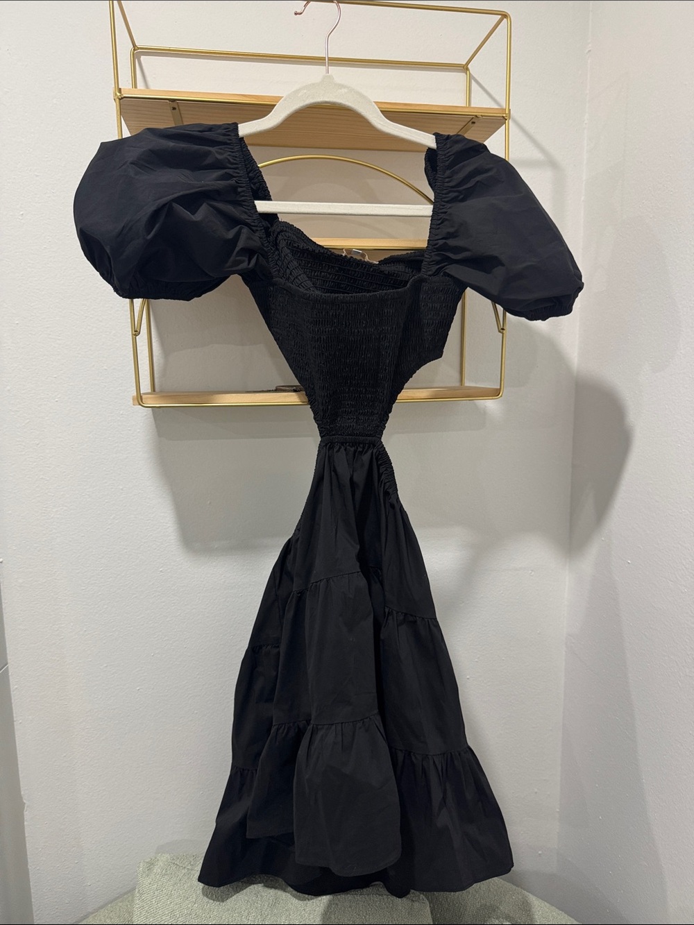 Olivaceous Black Backless Puff-Sleeve Tiered Maxi Dress
